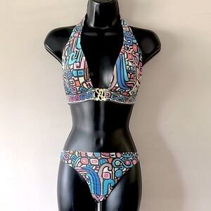 Trina Turk Vibrant Blue and Pink Bikini set, D cup size 10 bottoms
